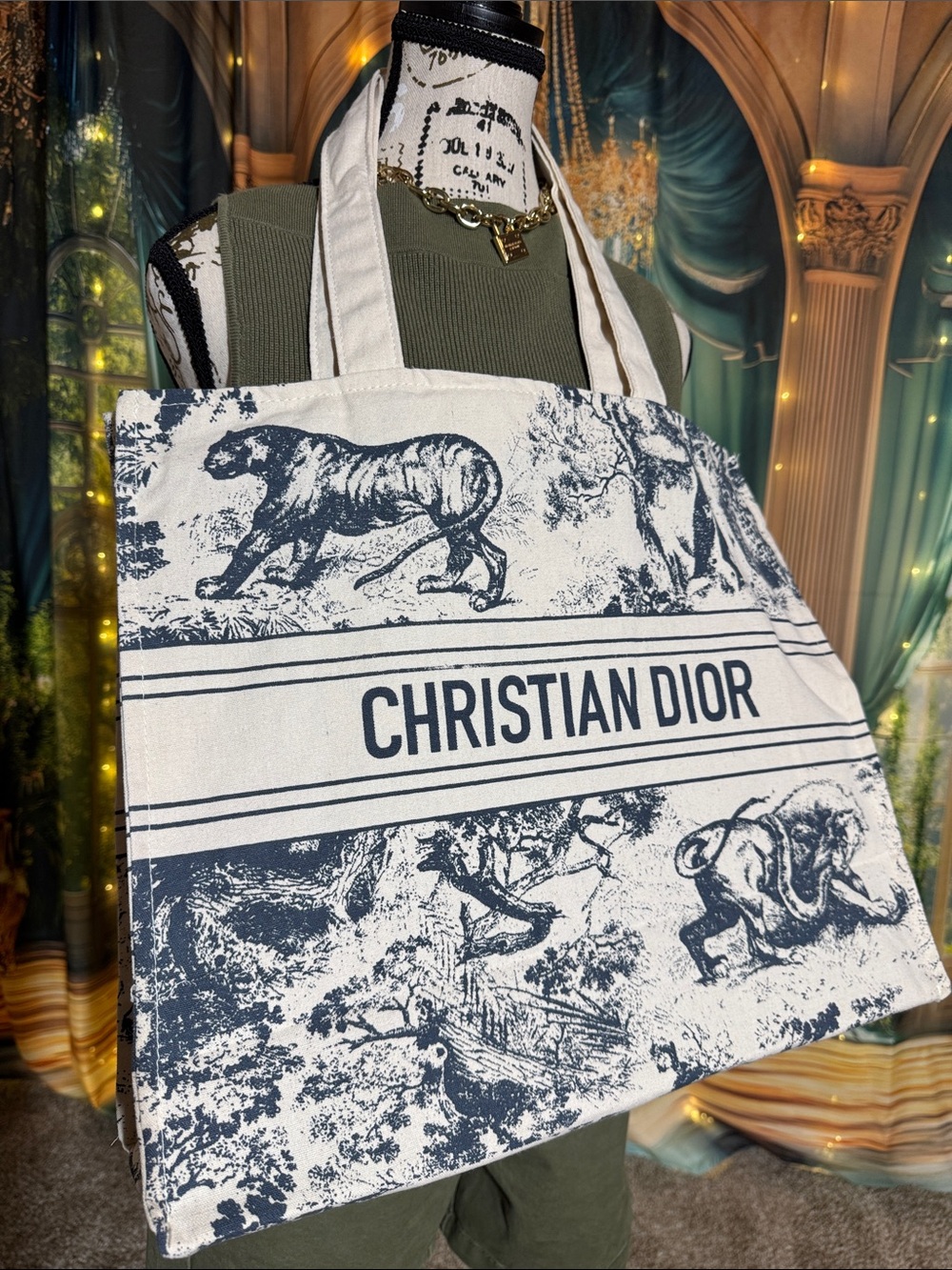 Christian Dior Cream and Navy Canvas Tote Bag with Safari Motif Authentic GWP